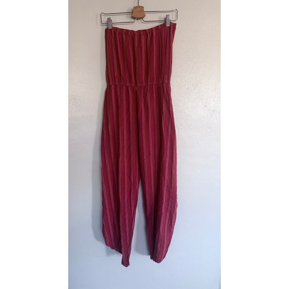 DREW Anthro red magenta split leg striped linen Emerson strapless jumpsuit - Picture 4 of 9